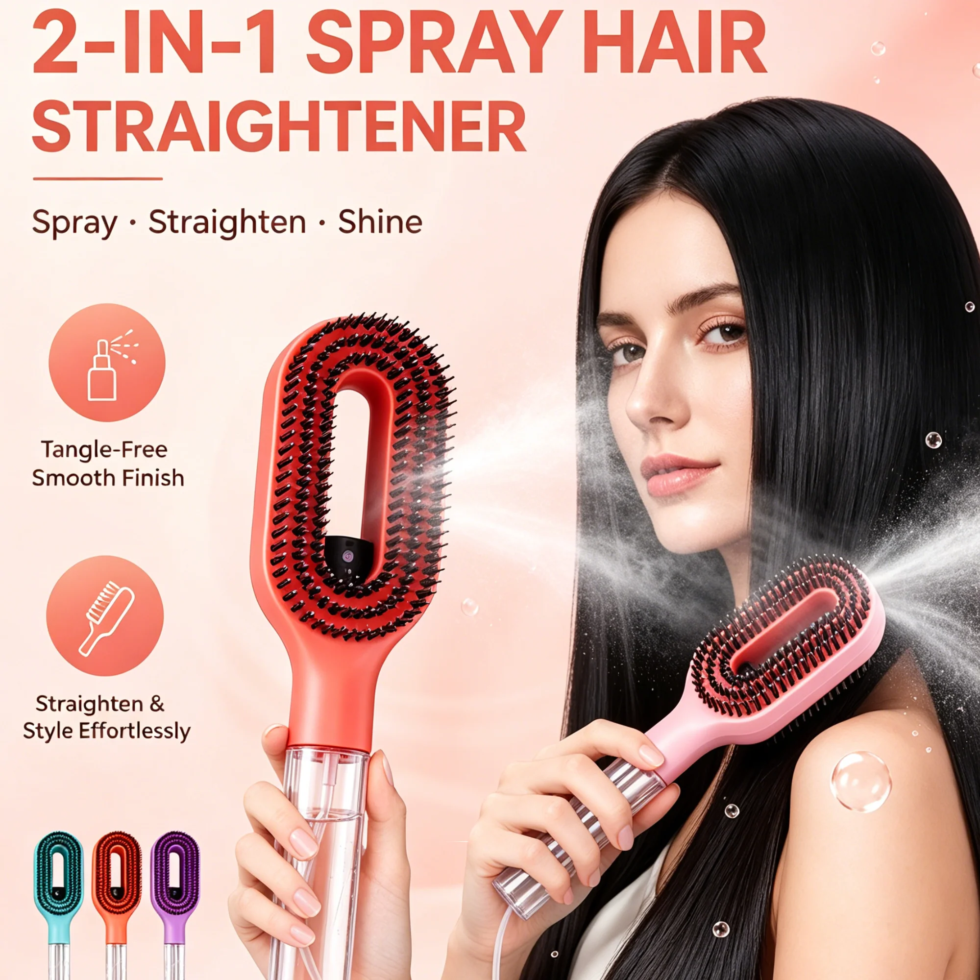 Cepillo Desenredante 2 en 1 con Pulverizador y Cerdas Suaves Redondas, para Cabello Húmedo y Seco, Antiestático, Hidratante y Voluminizador, Herramienta de Peluquería Profesional, Regalo