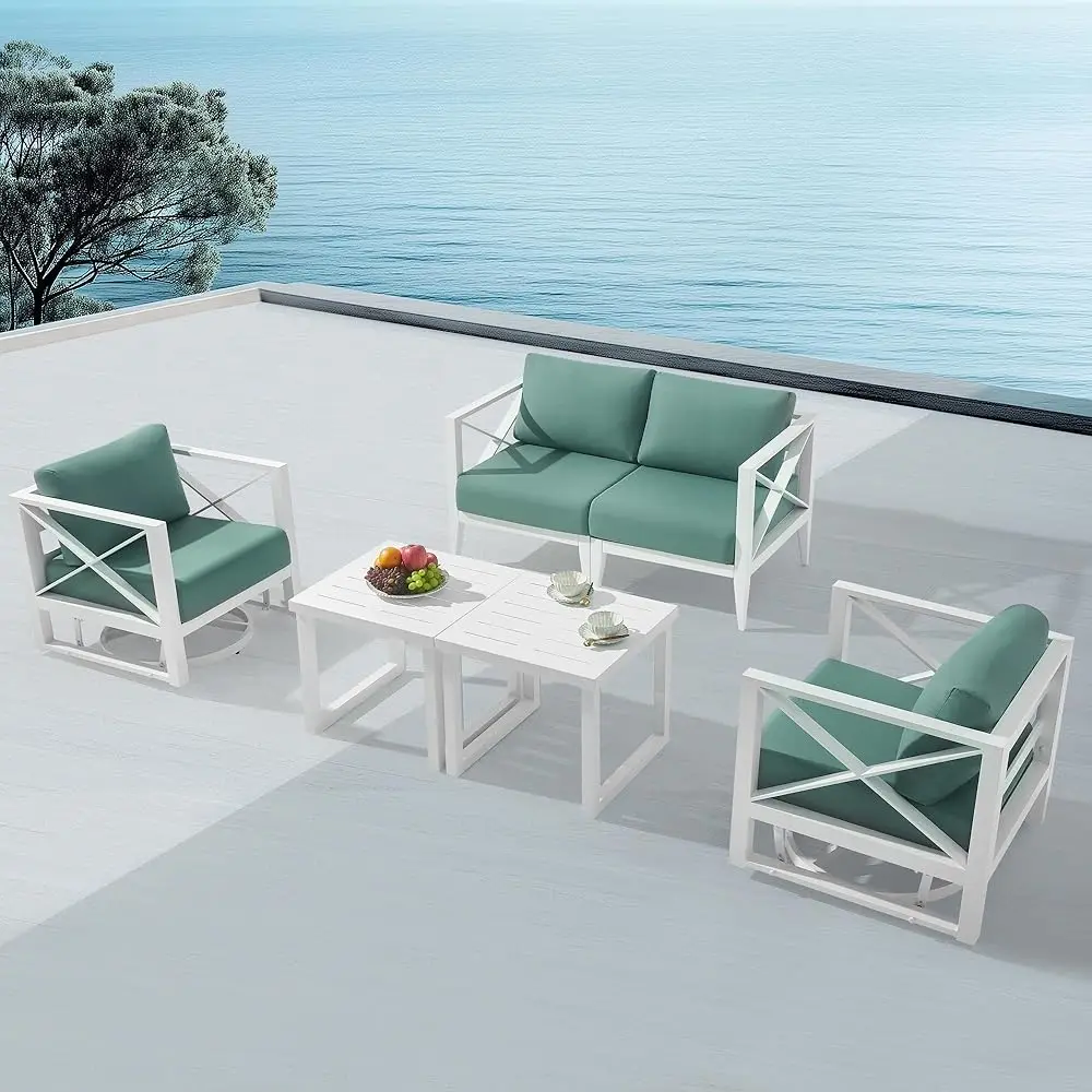 

Mby Outdoor Aluminum Patio Furniture Set, 4-Seats Patio Conversation Sofa Set With 2 Swivel Rochairs And 2 Coffee Tables, All