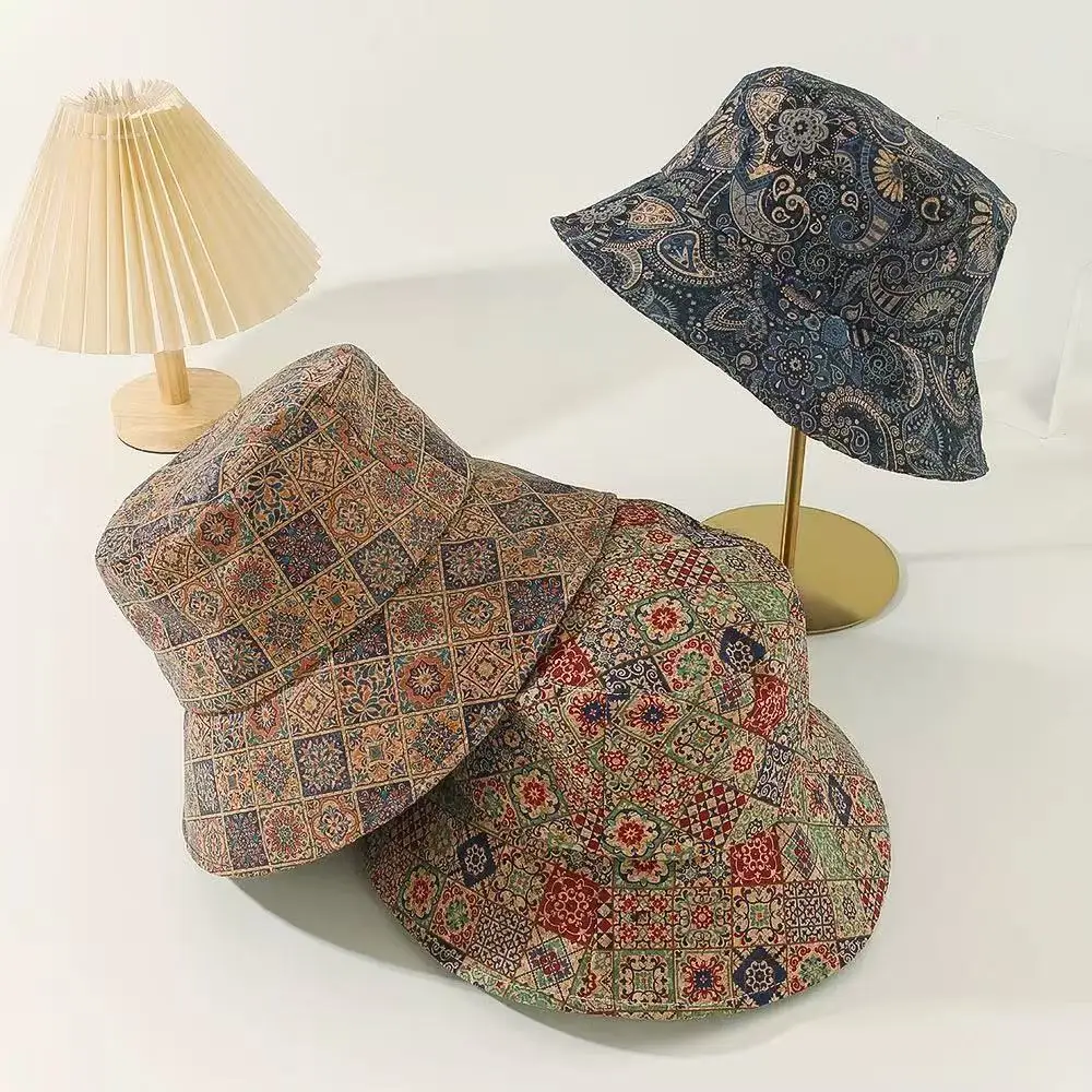 

6pcs Cap Retro Cork Leather Geometry Printing Sun Protection And Sun Protection Travel Hats
