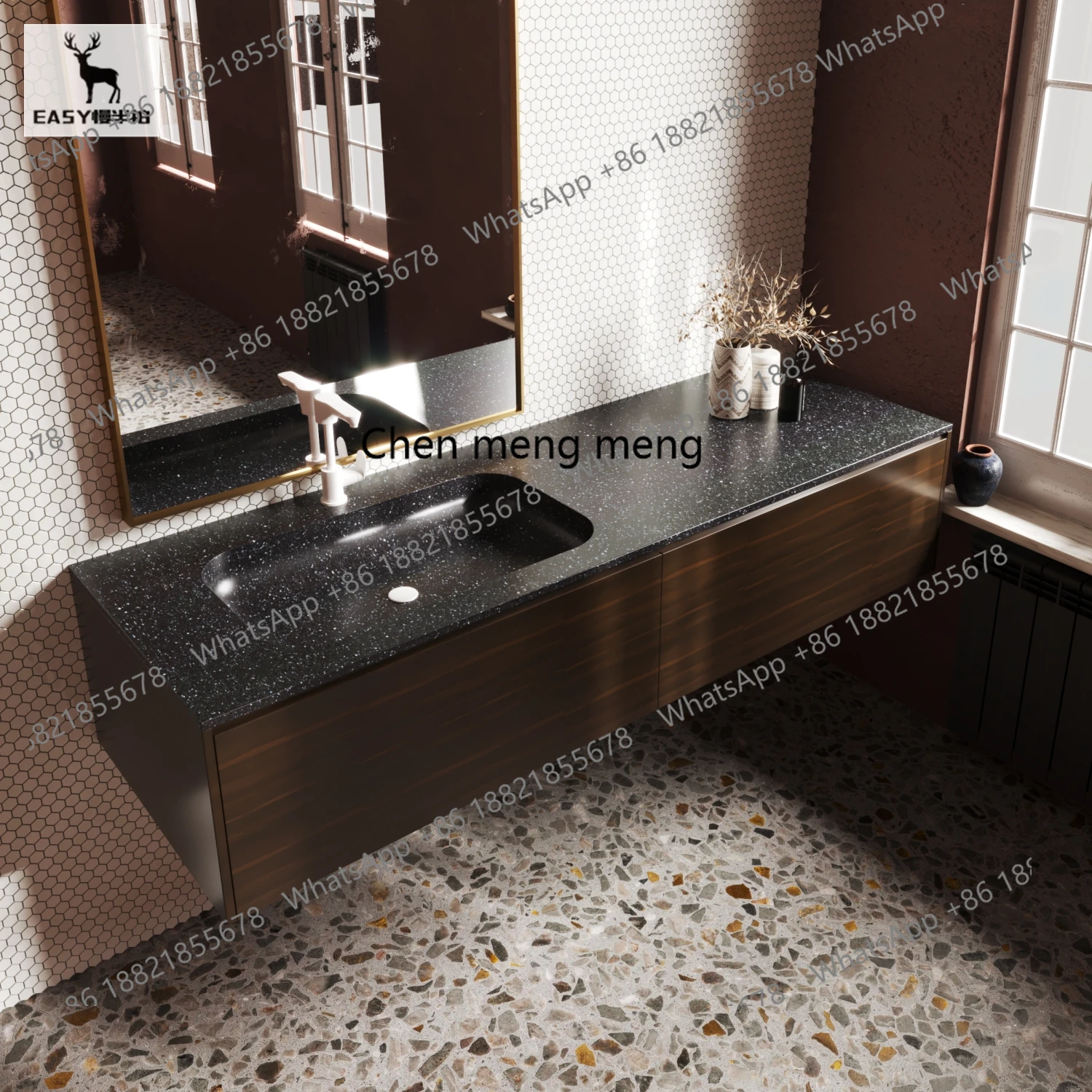 

Black Terrazzo Bathroom Cabinet Integrated Basin Hotel B & B Club, Hand Washbasin Sink Pool Undercounter Basin