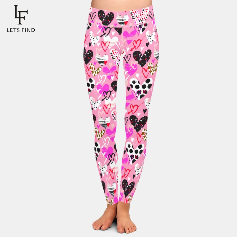 LETSFIND Fashion Valentine Day Hand Drawn Hearts Print Women Pants High Waist  Soft Fitness Elastic Full Leggings