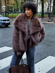 Brown Fluffy Soft Warm Faux Fur Coats Women Fashion Lapel Long Sleeves Short Thick Jacket Autumn Winter Lady Street Outwears