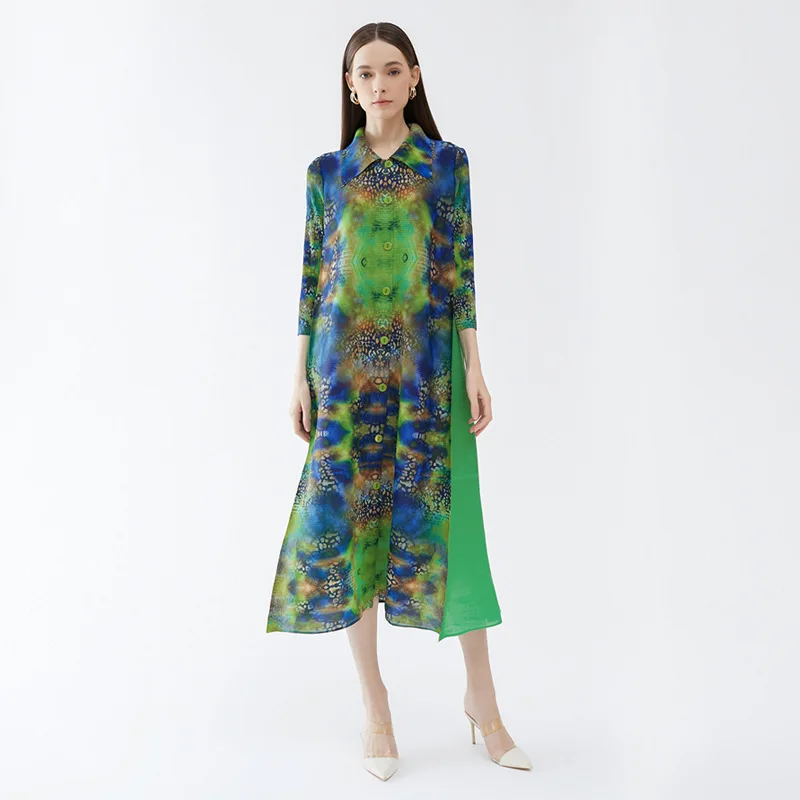 Miyake 2024 New Peacock Printed Long Sleeve Dress Women's High Waist and Long Elastic Pleated Skirt