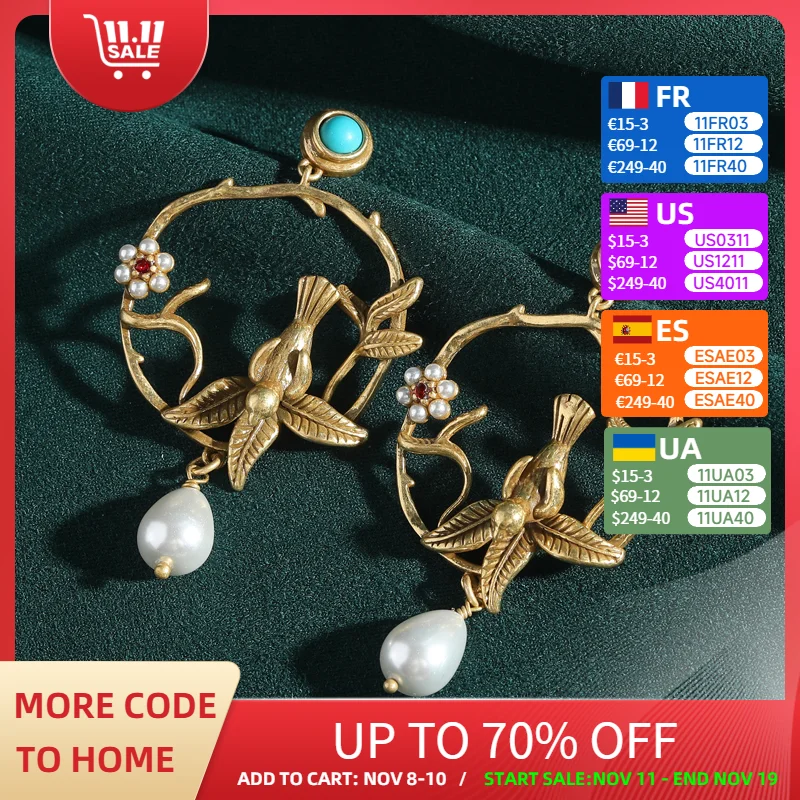

Vintage Turquoise Hollow Bird Drop Dangle Earrings Gold Color Pearl Luxury Quality Jewelry Designer Thanksgiving Trends 2025