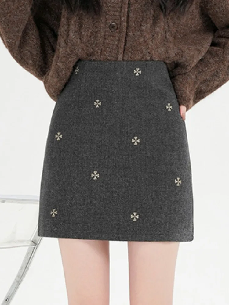 Retro Floral Stickerei Woolen Rock Hohe Taille frauen Luxus Sle A-Line ort Rock Herbst Winter Koreanische Sle