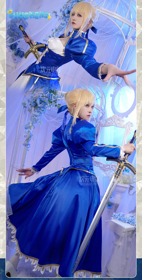 fate saber blue dress Altria Pendragon Cosplay Fate/stay night Costume Silk Elegant Battle Accessory Halloween Party Women Set Turquoise Blue Sweetheart Ball APRIL BLACK MULTI FLORAL (Size):9 Collection-New-Arrivals Grand order as well as the