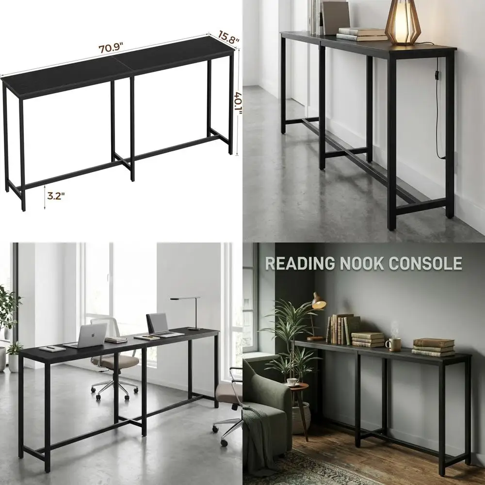 

71 Inch Long Narrow Kitchen Dining Bar Table, Counter Height, Metal Frame, Ideal for Small Spaces, Black