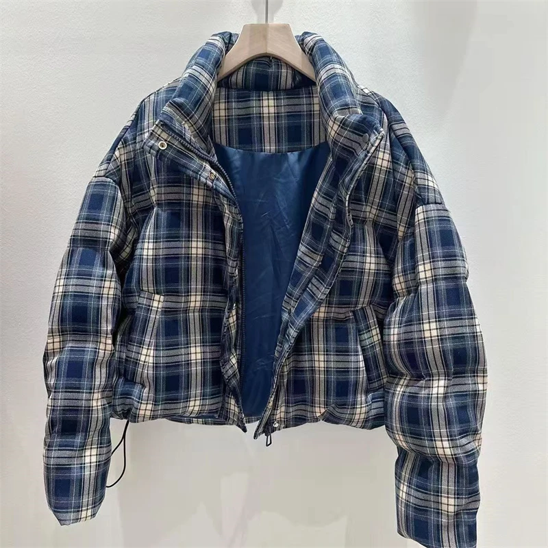 高品質の冬の女性のキルティングチェック柄ショートダウンジャケットスタンドカラーレトロY2Kファッションカジュアル厚手暖かいグースダウンアウターウェア