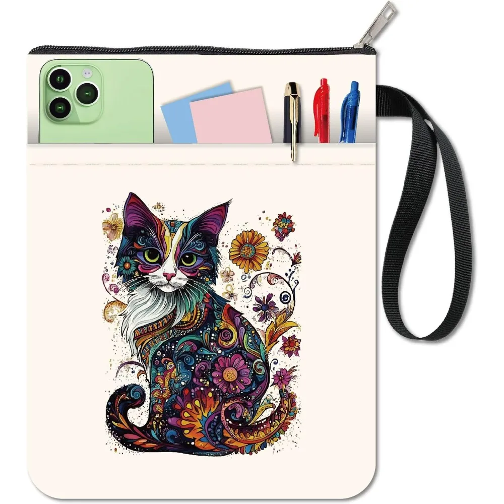 Cat Book Cover Cloth Book Sleeve 11 X 8.7 Inch Books Holder Case Covers Zipper Front Pocket Washable Fabric Bookish Protector