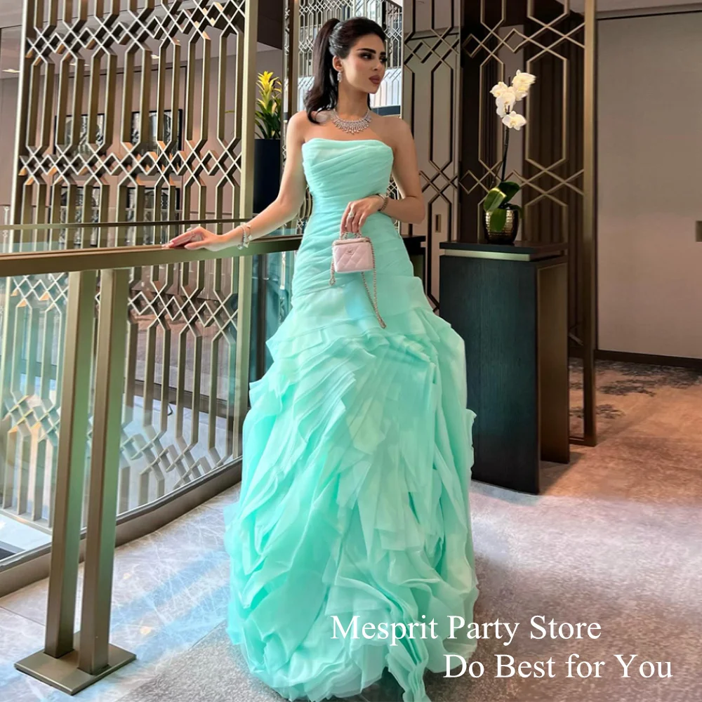 Mint Formal Occasion Dresses Strapless Sleeveless Pleat Ruffles Organza Mermaid Prom Party Gown Saudi Arab Evening Dress