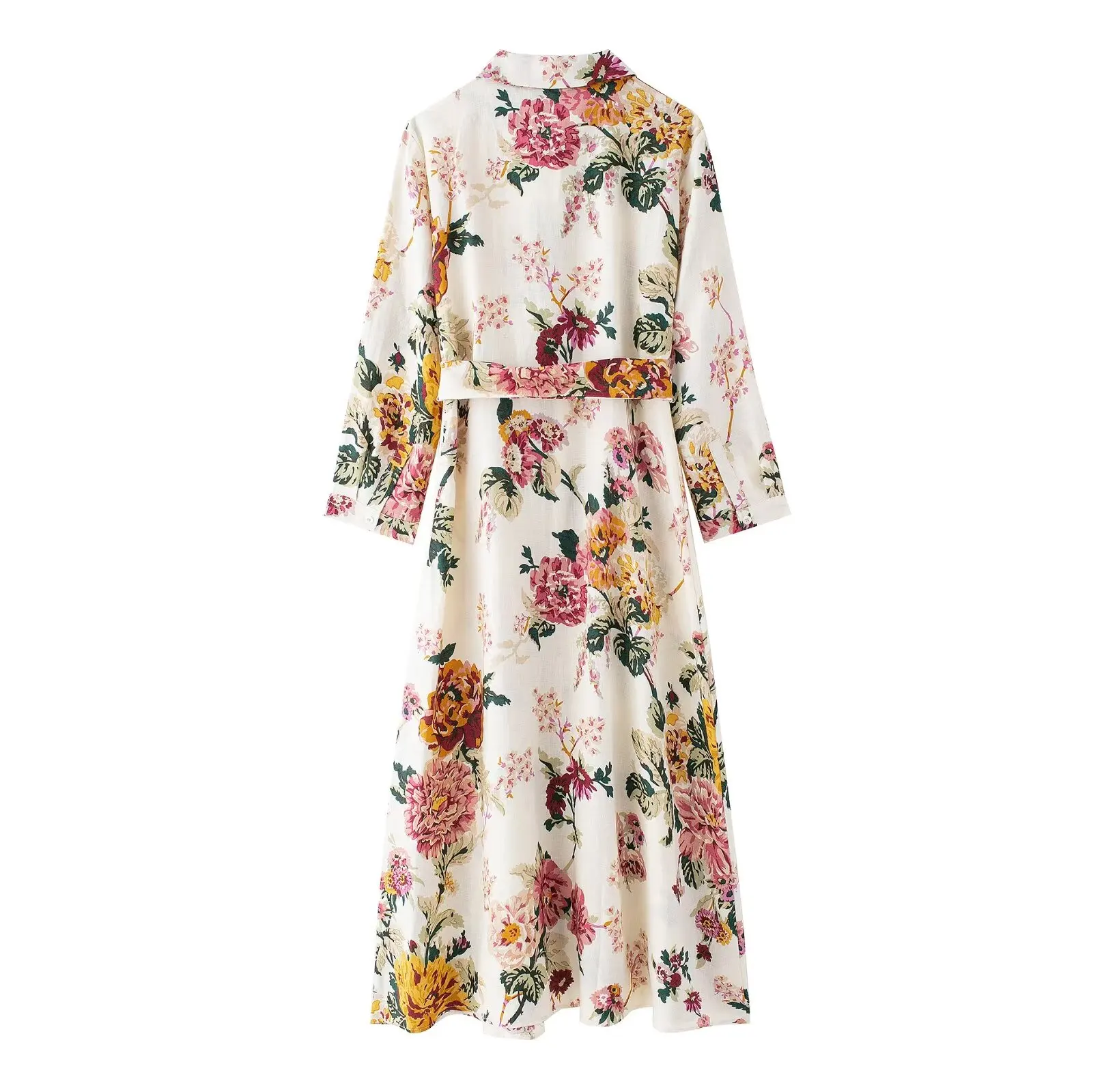 TRAF 2024 Floral Shirt Dress Women Summer Office Midi Dress Woman Long Sleeve Button Womens Dresses Belt Long Dresses for Women