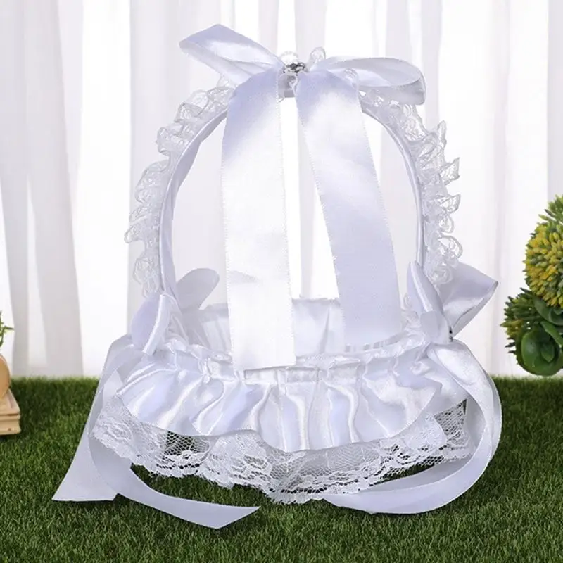 31BB Flower Girl Basket White Small Satin Baskets with Lace for Wedding Ceremony