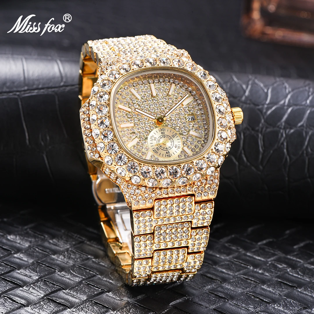 MISSFOX Iced Out Watch For Men Luxury Fashion Gold Quartz Watches Hip Hop High Quality Waterproof Male Daimond Clock New Gift