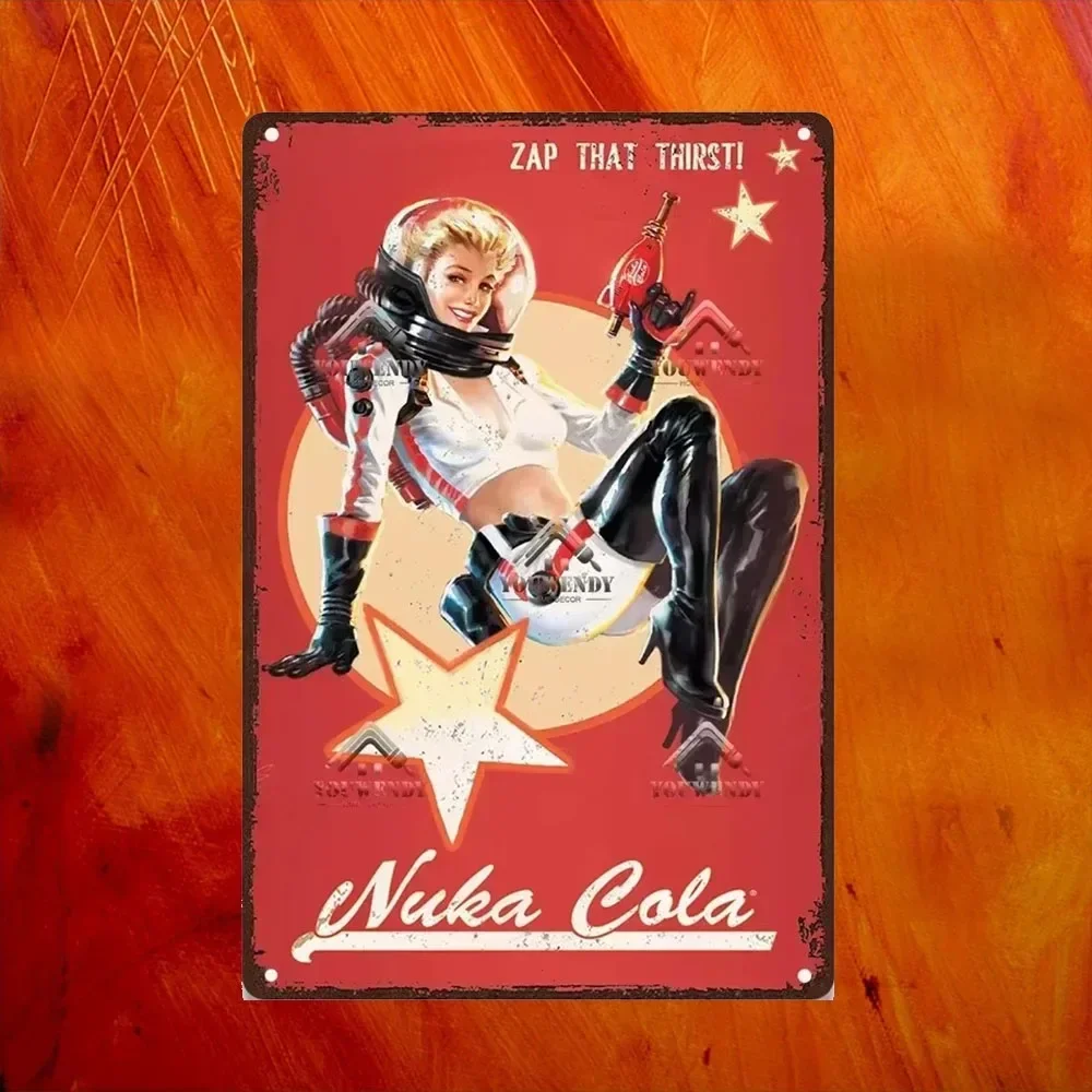 علامة معدنية لملصق مشروبات Nuka Cola - ديكور حائط لألعاب الحانة ذو طابع ألعاب عتيق، فن معدني نهائي