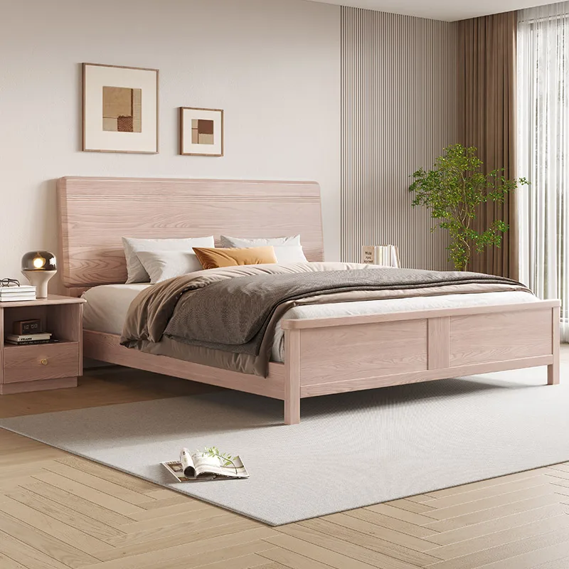 Ash solid wood bed modern simple all solid wood Nordic Japanese style bedroom wedding bed home log style suspension bed