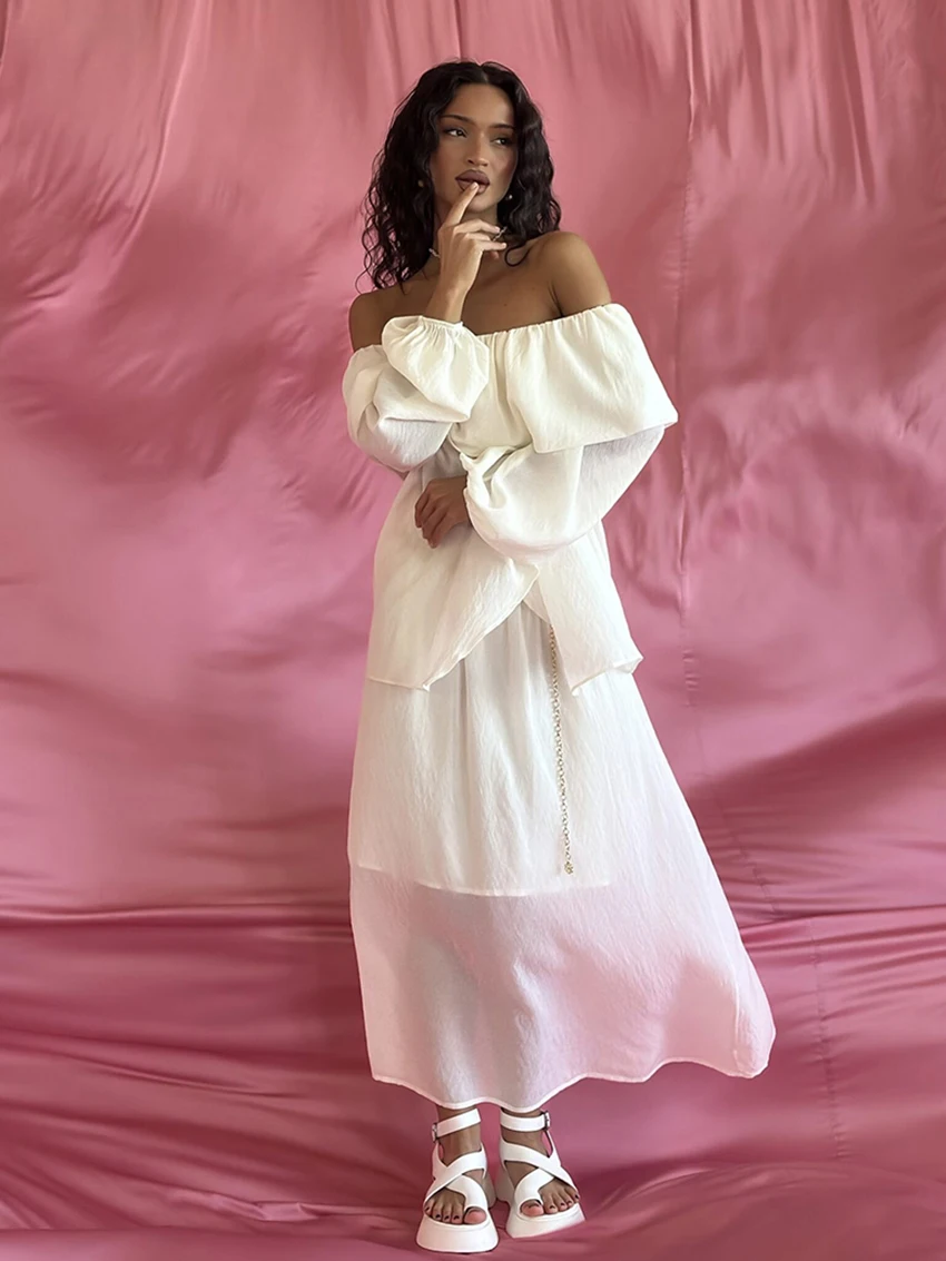Marthaqiqi White Loose Ladies Nightgown Suit Long Sleeve Pajama Sexy Slash Neck Nightwear Long Skirts Casual Femme Sleepwear Set