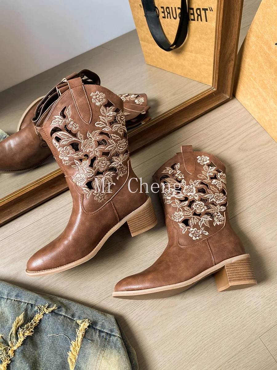 

2024 New Luxury Brand Design Embroidered Cut-out Prairie Western Cowboy Boots Ankle Boots Knee High Boots Women Designer