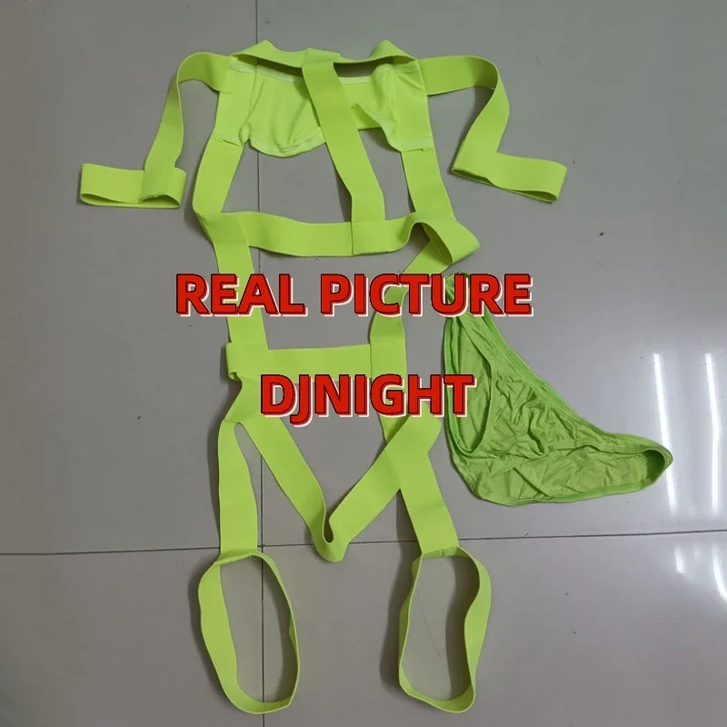 Gilet musle verde fluorescente da uomo con cinturino pettorale e cinghie per le gambe per spettacoli di pole dance, discoteca, bar, costume da solo Gogo