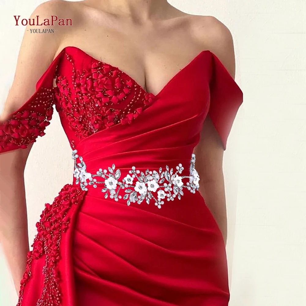 

YouLaPan Crystal Flower Bridal Belt Rhinestone Wedding Dress Sash Sparkling Bridal Sash for Brides Bridal Party Accessory SH945