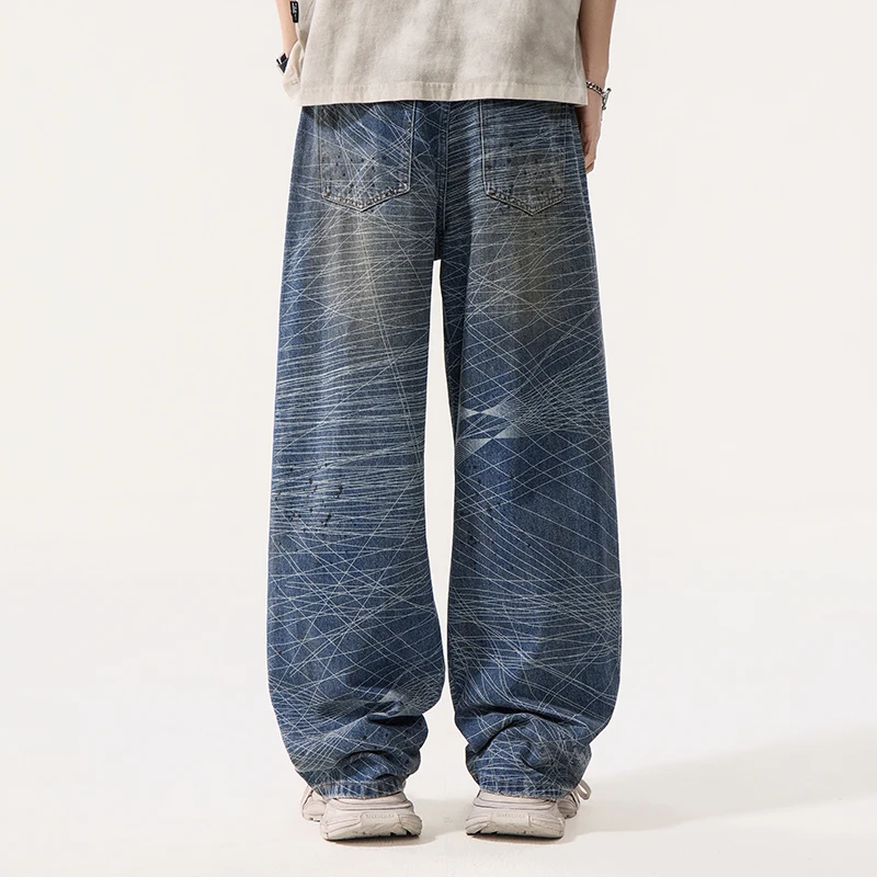 American Style Washed Vintage Line Printting Men's Blue Jeans High Street New Loose Casual Denim Wide Leg Long Pants