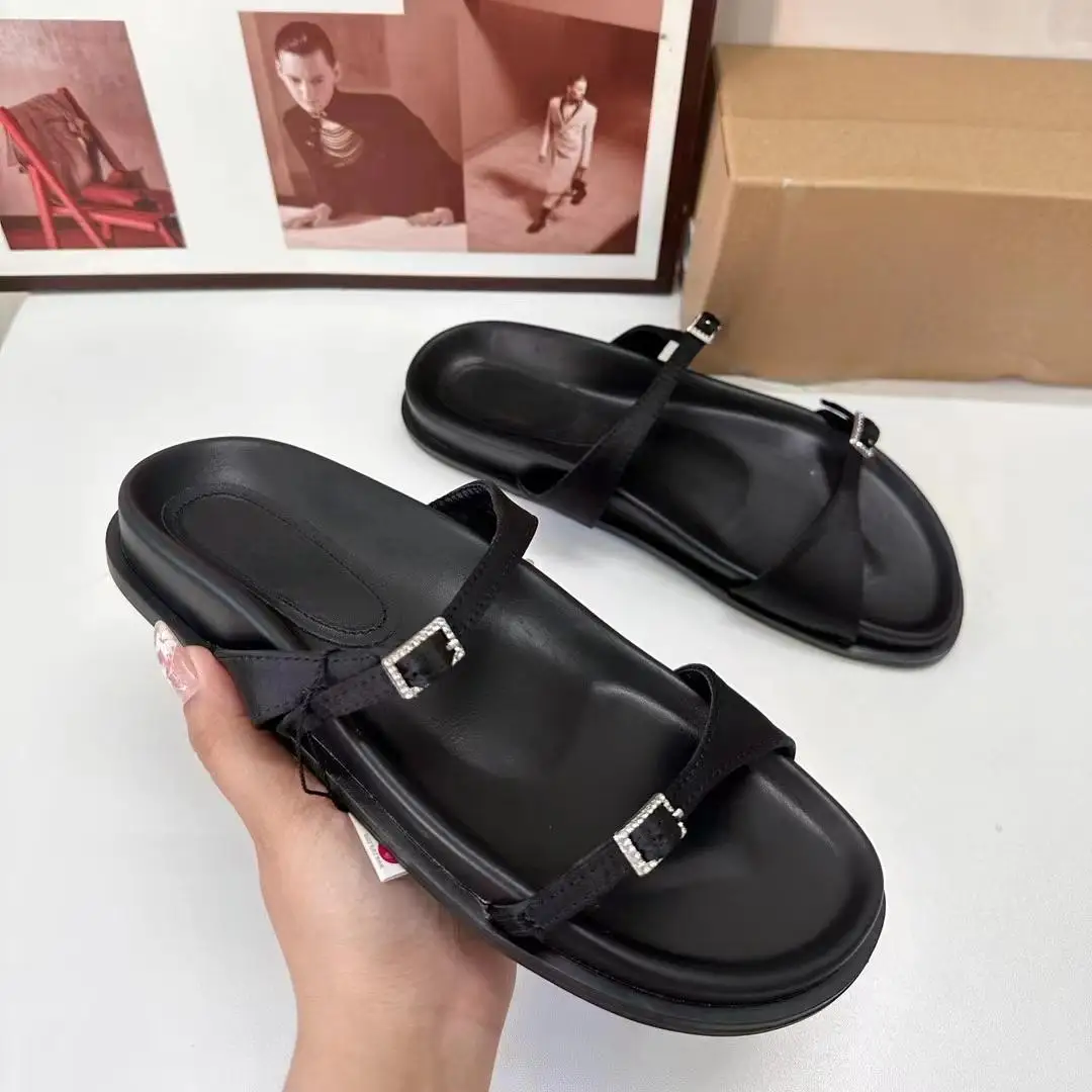 TRAF Woman Chic Rhinestone Flat Slingback Black Round Toe Metal Buckle Flat Sandals 2024 Summer Women Lightweight Flat sandals