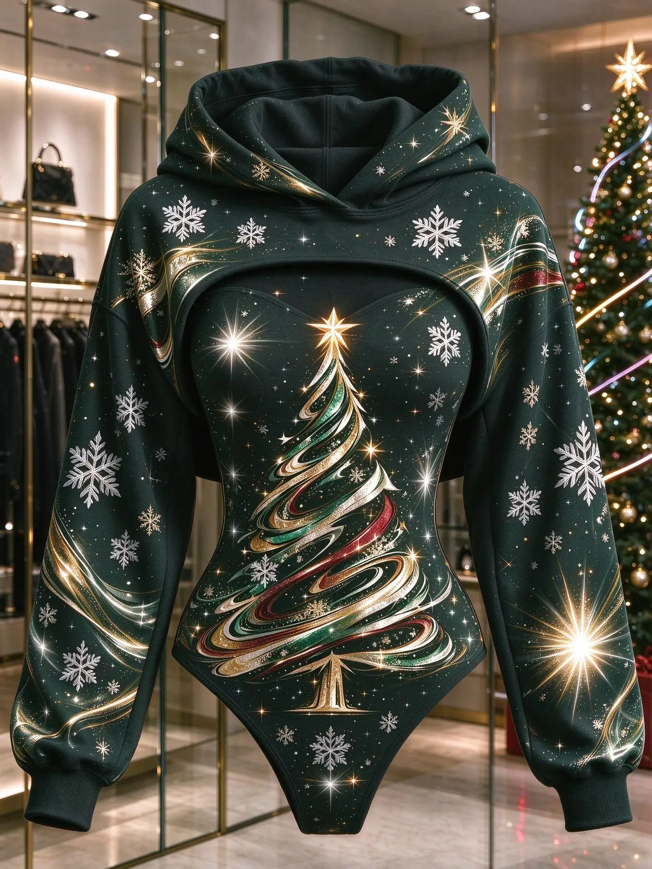 Christmas Women 2 Piece Set Burgundy Shiny Golden Tree Print Bodysuit & Hooded Shrug Xmas Party Outfit