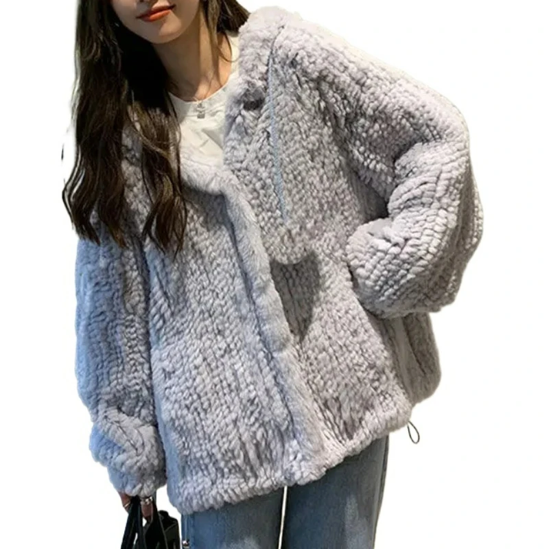 

2024 Winter New Women Imitate Rex Rabbit Fur Woven Fur Coat Temperament Mid-Length Loose Hooded Outwear Fashion Casual Outwear