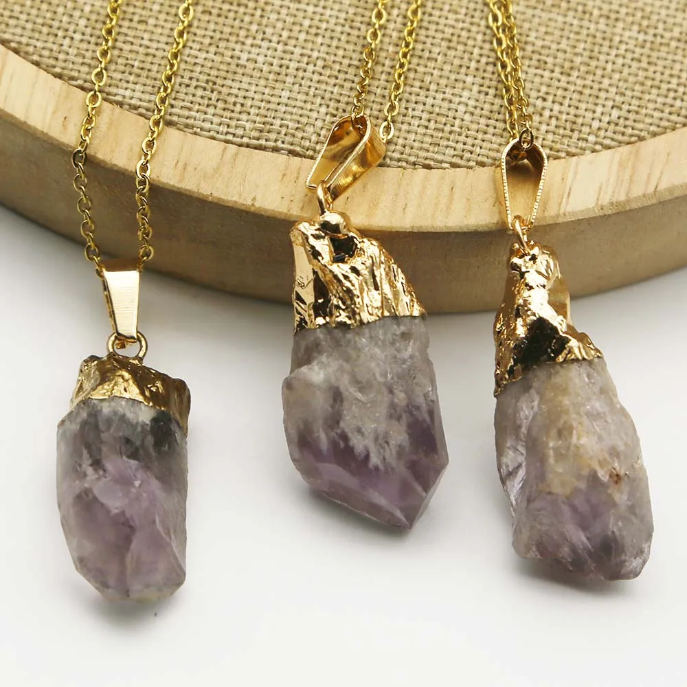 

Natural Raw Ore Irregular Amethyst Gold Plated Necklace Pendant Stainless Steel Reiki Chain Charm Jewelry Accessories Gifts 6Pcs