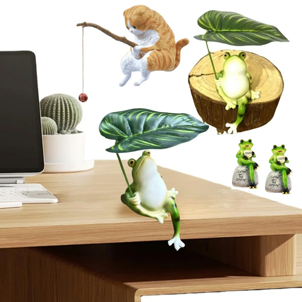 Садовая статуя лягушки, украшение для аквариума, фигурка лягушки из смолы с листьями, реалистичное милое миниатюрное животное для открытого двора, внутреннего дворика