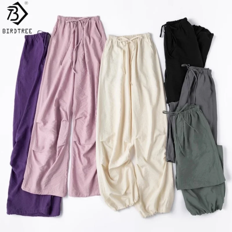 

Birdtree Summer 76% Mulberry Silk 24% Nylon Pants,Women Dry Silk Elastic Waist Solid Loose Cargo pants,2025 New P56439JF