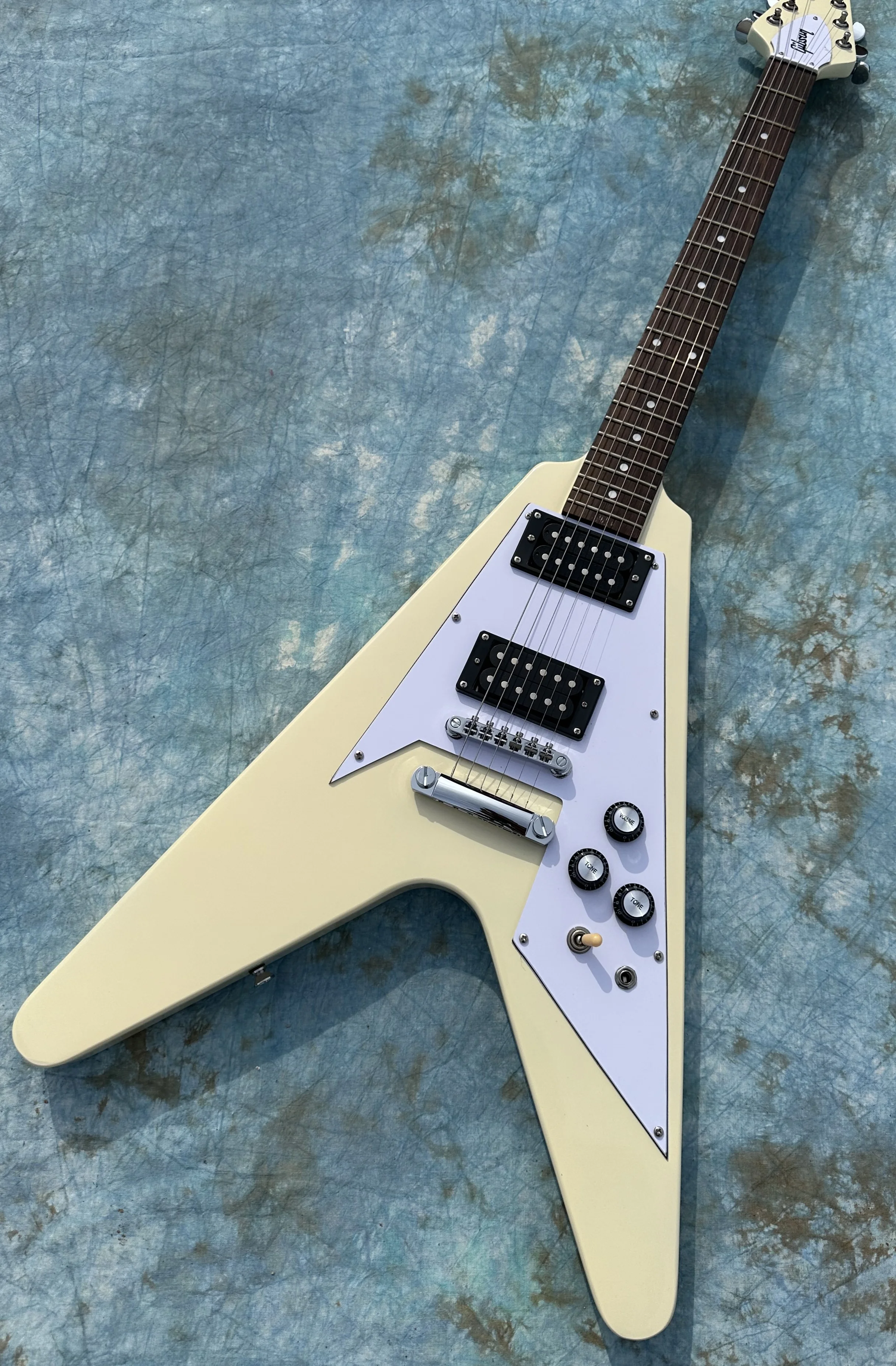 Irregular electric guitar, Milk white  flying V, black open pickup, imported wood and paint, shiny, in stock, fast shipping