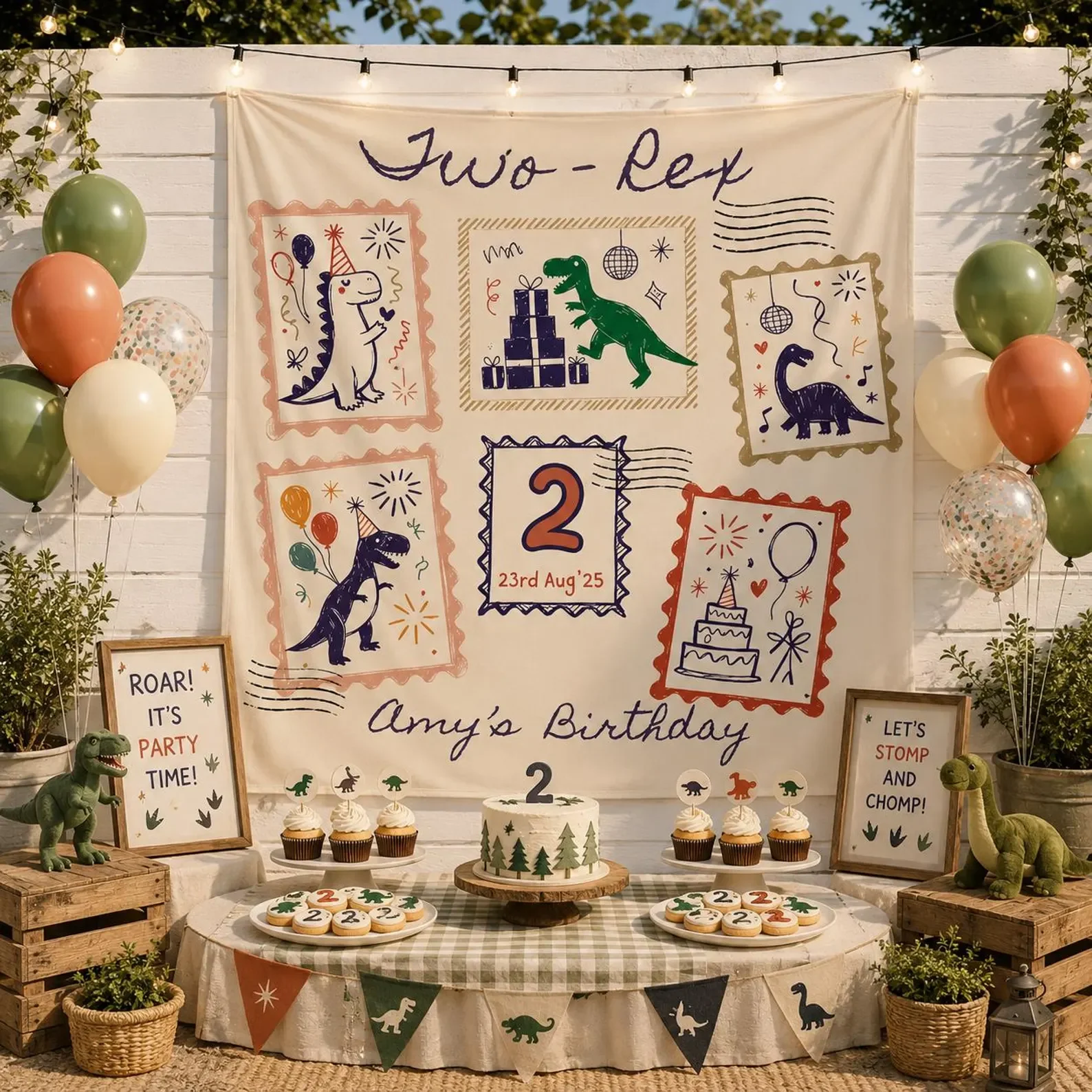Personalized Two Rex Dinosaur 2nd Birthday Backdrop Custom Name Vintage Postcard Kids Party Banner T Rex Photo Booth Decor