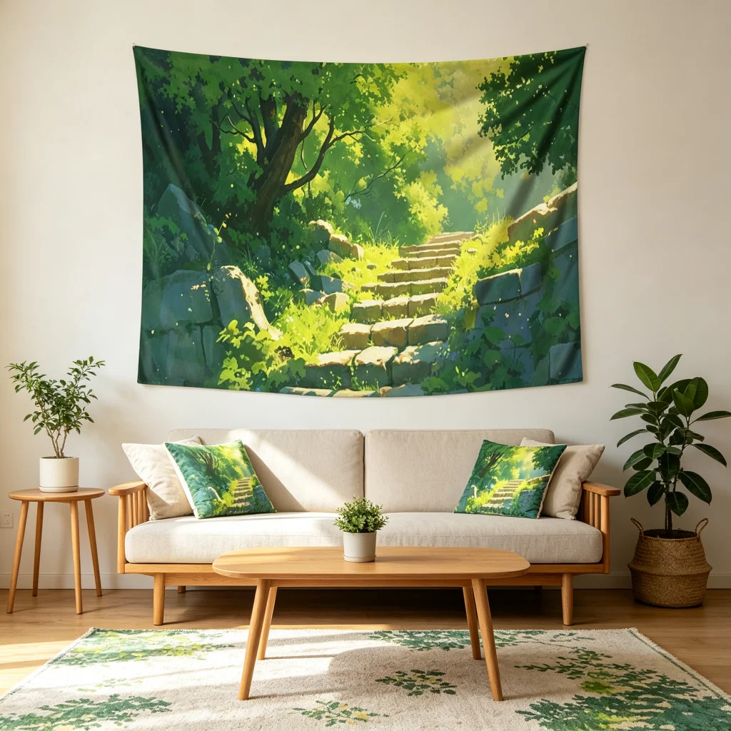 1PC Forest Stone Path Anime Scenery Print Backdrop Banner, Bedroom Living Room Photo Background, Polyester, Home Decor, Wall Art