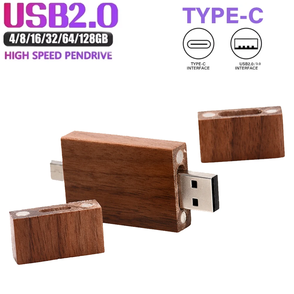 TYPE-C USB Stick Free Custom Logo USB Flash Drive 128GB 64GB 32GB Wooden Memory Stick 16GB 8GB 4GB Mini Pen Drive Creative Gift