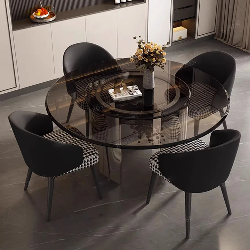 Italian glass round table household large apartment mirror tempered glass round dining table dining chair