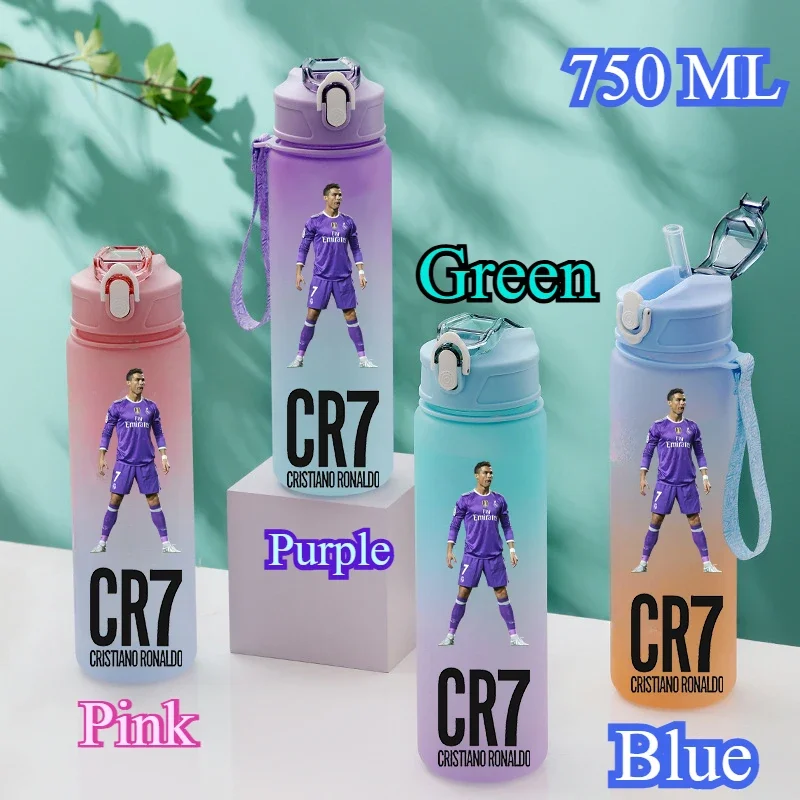 750ml Football Star Straw Water Cup Ronaldo Messi Mbappe Large Capacity Sports Flip Cover Drinking Bottle Fans Support Items