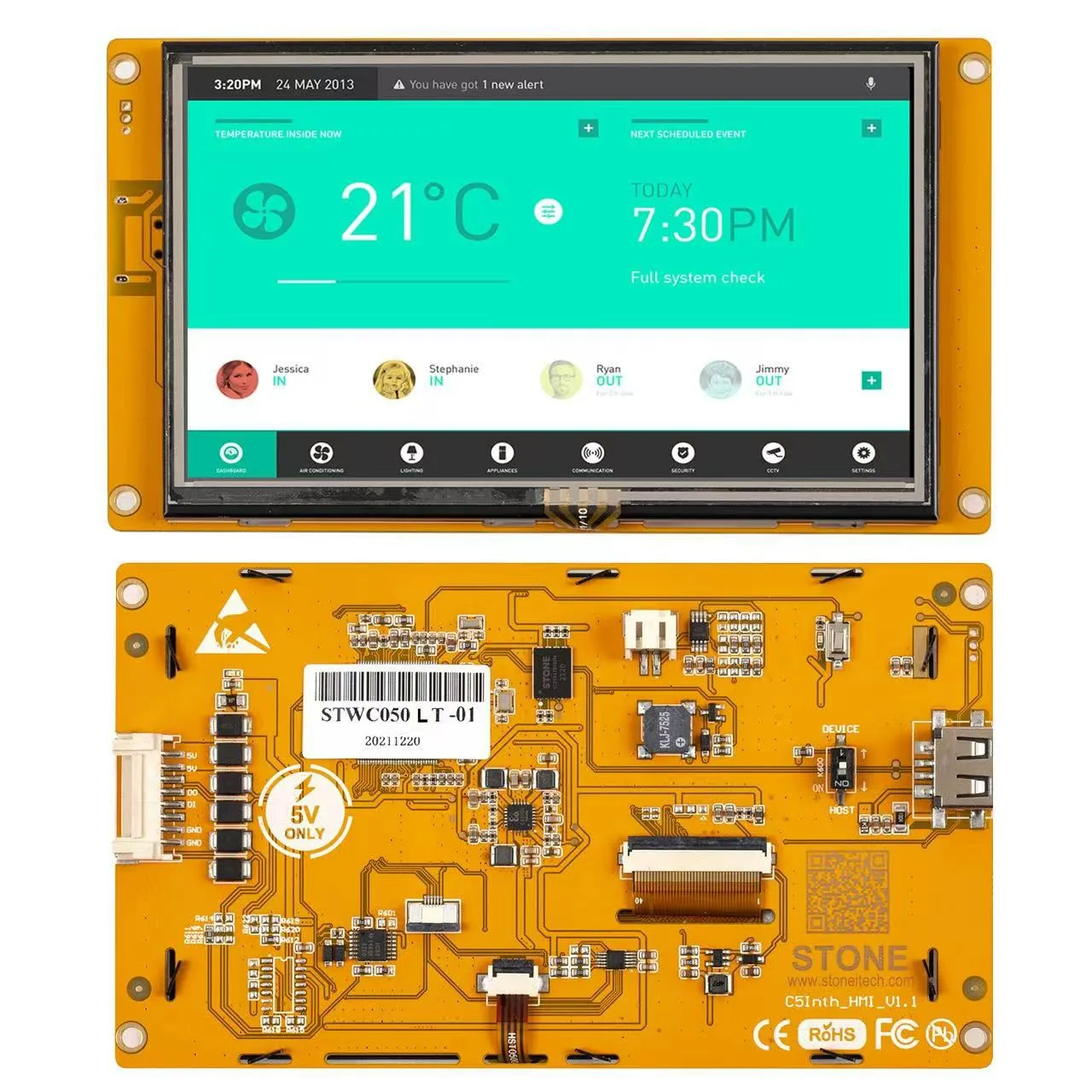 HMI LCD Display 5'' Size Civil Series 262K Full Color 1GHz CPU/128M Flash UART Port Touch Display