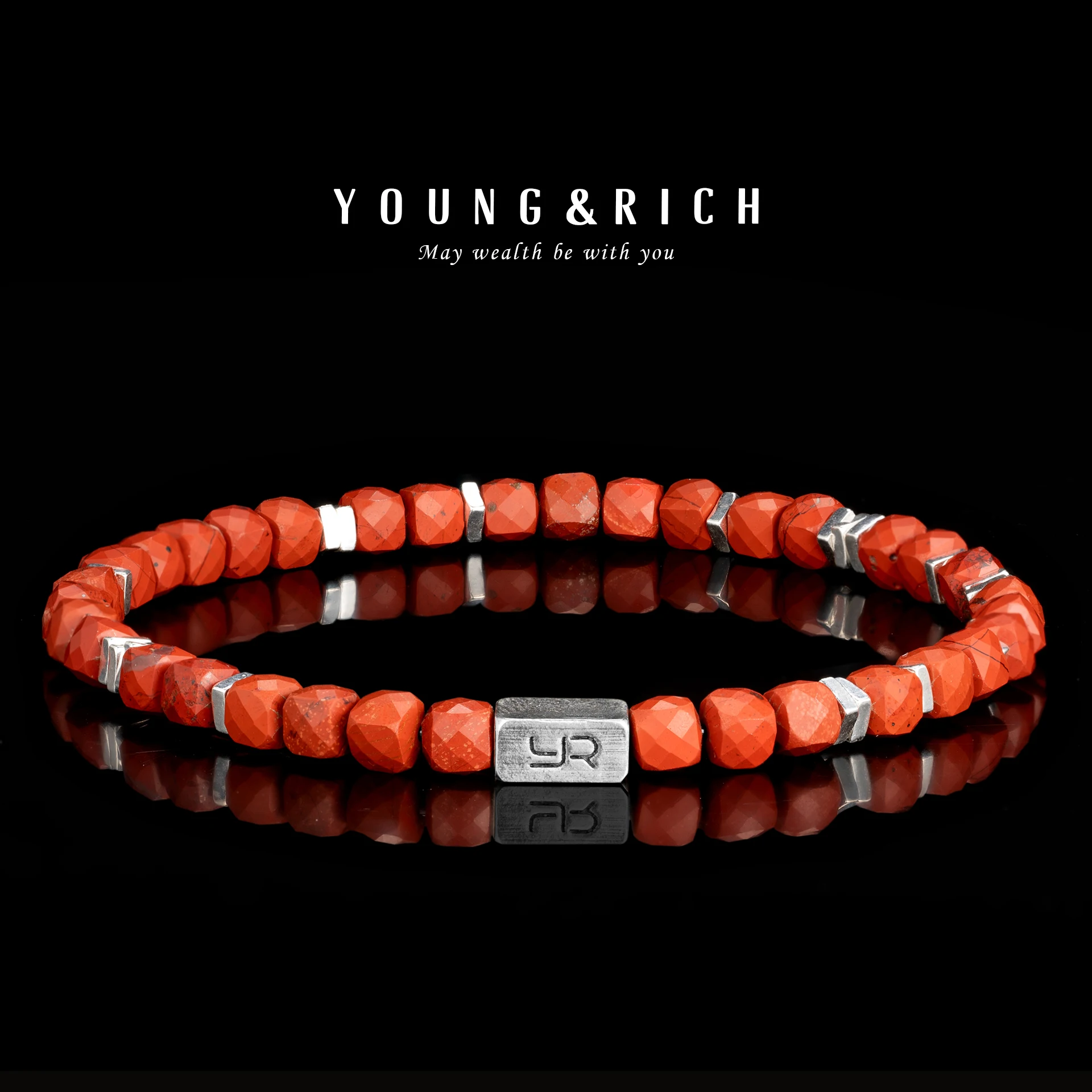 

YOUNG & RICH Men's Red Jasper Beaded Bracelet - Natural Faceted Cube Red Stone Stretch Bracelet, Bold Vibrant Healing
