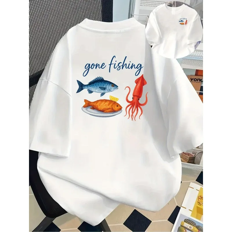 

Women Casual Round Neck T-shirt with Fishing and Seafood Pattern Printed White and Blue Orange Design Comfortable All Season Top