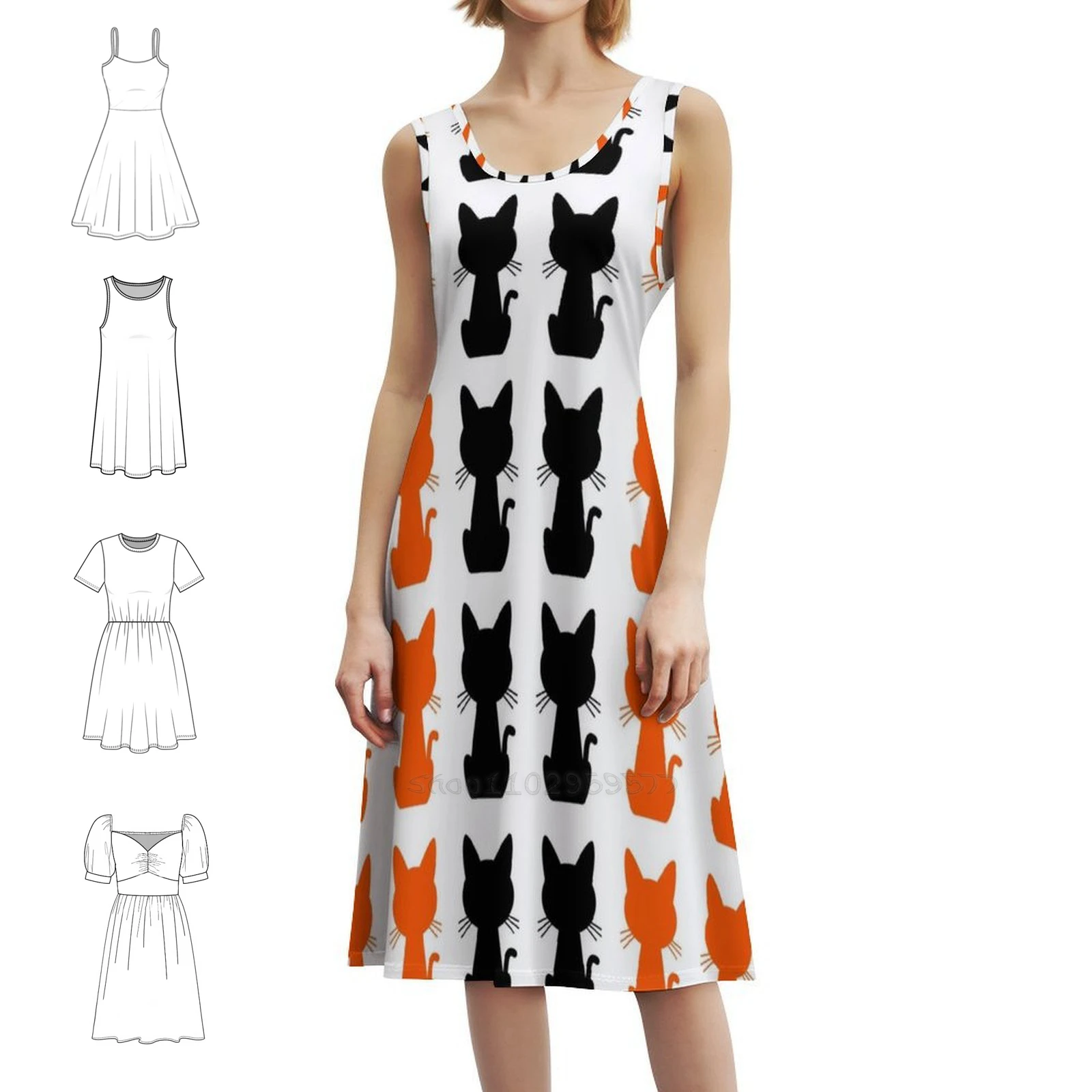 

Black Orange Kitties Women's Hip Hop Streetwear Dress Graphic Print Party Club Wear Black Orange Kitties Artdeco Dress For Girls