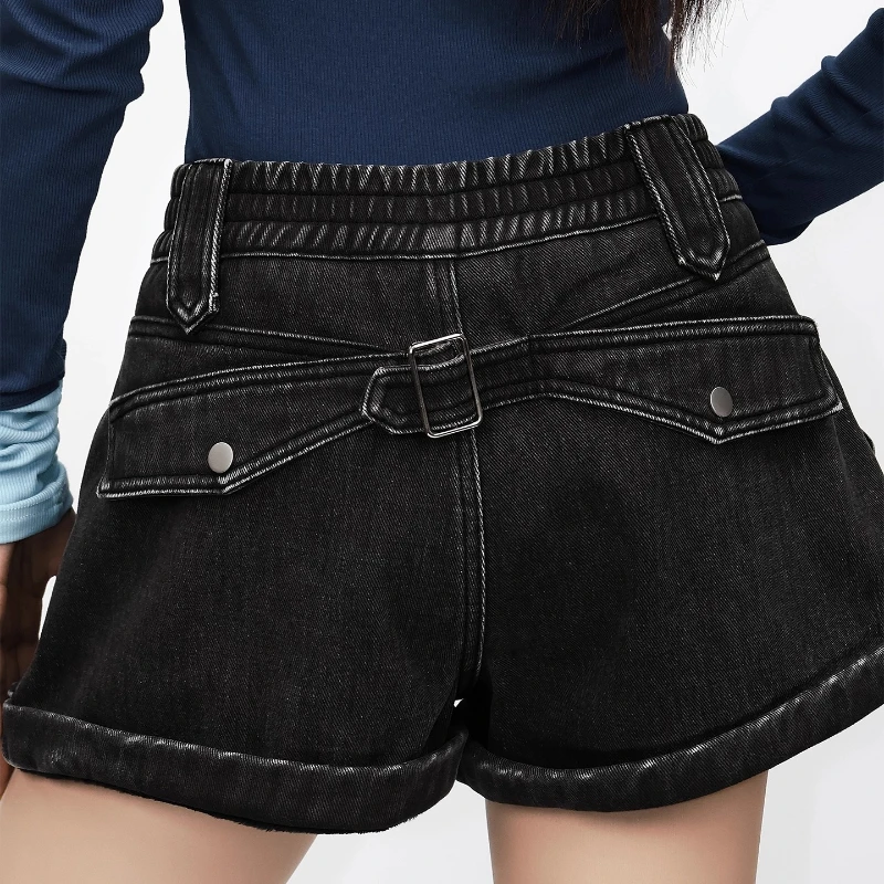 Celana Jeans Wanita Musim Gugur Musim Dingin Berlapis Fleece Tebal Desain Retro Pinggang Sedang-Rendah Pelangsing Manis Keren Serbaguna Celana Pendek Wanita