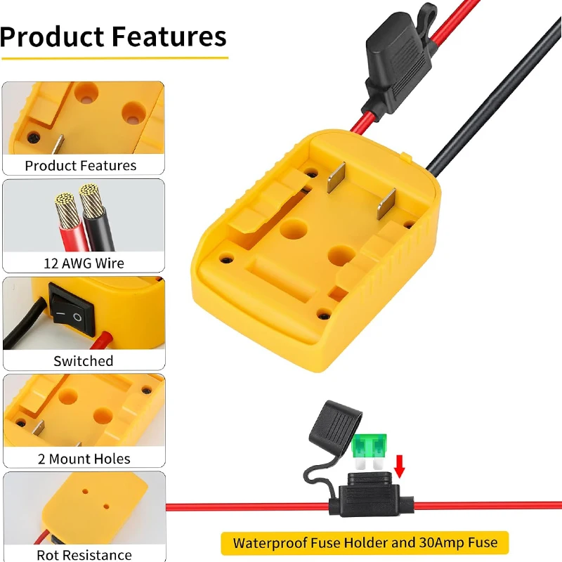

Power Wheels Adapter for Dewalt 18V Battery DIY Battery Adapter for DIY RC Car Toy with Switch Fuse 12 AWG Wire