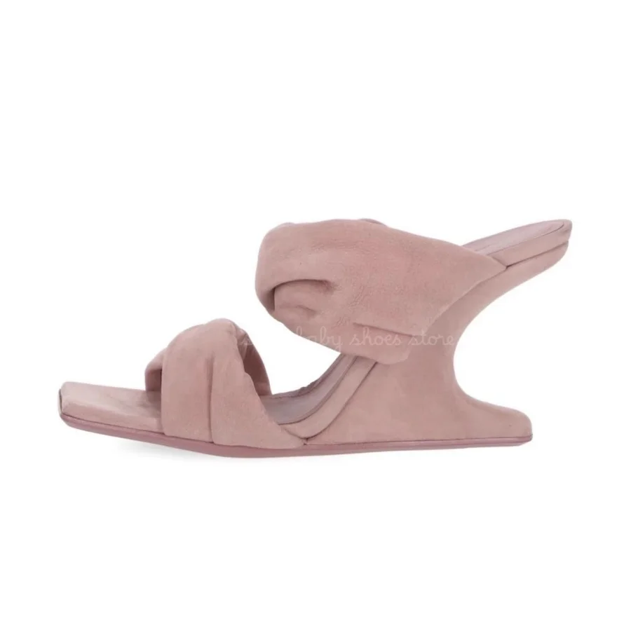 

Suede Sculptural Heel Slip On Sandals Women's Pink Black Square Toe Twisted Strap Open Toe Mule Slippers Party Dress Shoes