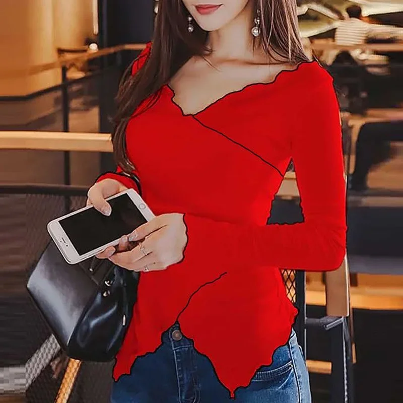 Spring and Autumn Fashion Sexy Slim Fit Irregular Top Heart Machine V-neck Contrast Asymmetric Long Sleeve Underlay Shirt Z399