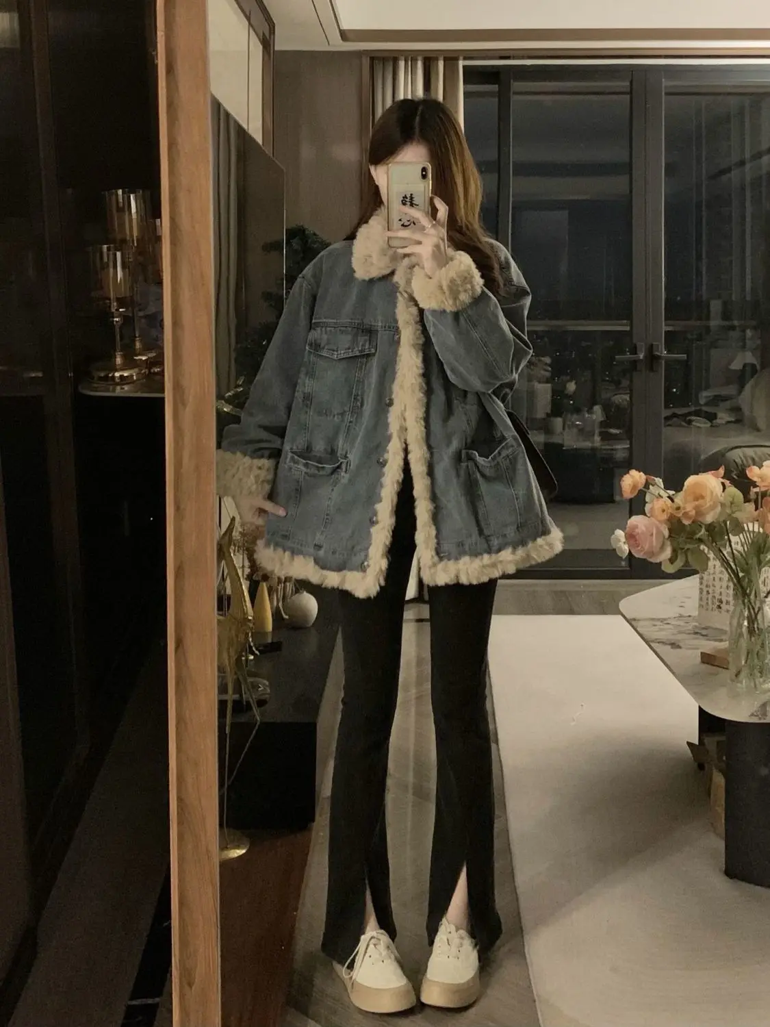 

Denim Coats Winter Fur Plush Womens Regular Fit French Chic Urban Social Gathering Anti-Odor Comfort Retention Fuzzy Drawstring