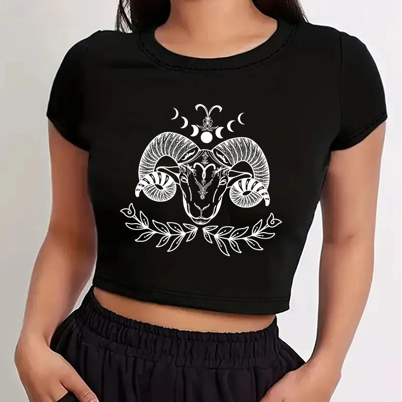 

Y2K Harajuku Панк Готический сексуальный укороченный топ Креативный узор головы быка Летняя футболка с принтом Винтажная универсальная повседневная футболка для маленьких женщин