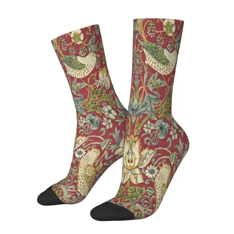 

Custom William Morris Strawberry Thief Red Mens Crew Socks Unisex Kawaii 3D Printed Floral Textile Pattern Dress Socks