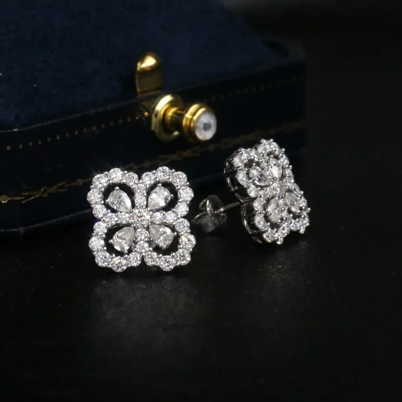 Four-Leaf Clover Stud Earrings S925 Silver with Moissanite Diamond Ladies' Jewelry Women's Jewellery