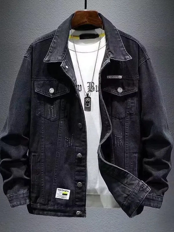 Spring Autumn Trendy Retro Loose Casual Workwear Jacket Men's Denim Coat Cool Handsome Outerwear Long Sleeve Youth Fashion