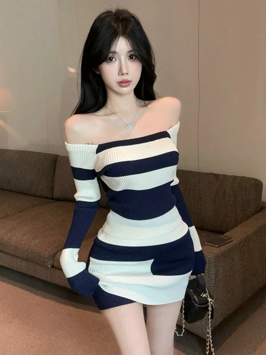 Sexy Striped Knitwear Top Slim Fit Wrap around Skirt Set Irregular Halter Neck Design Casual Wear for Young Women in Autumn S...